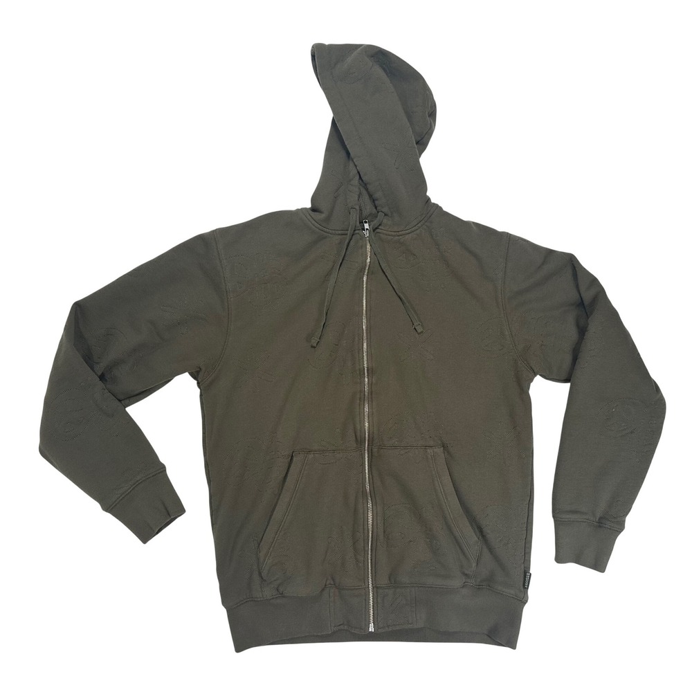 Stussy Olive Green Monogram Embroidered Full Zip Hoodie Waffle Lined Size XL